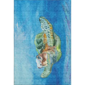 8' X 10' Pacific Blue Emerald And Beige Nautical Washable Area Rug With UV Protection