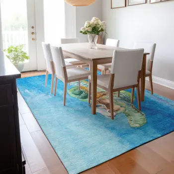 8' X 10' Pacific Blue Emerald And Beige Nautical Washable Area Rug With UV Protection