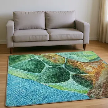 10' X 14' Pacific Blue Emerald And Beige Nautical Washable Area Rug With UV Protection