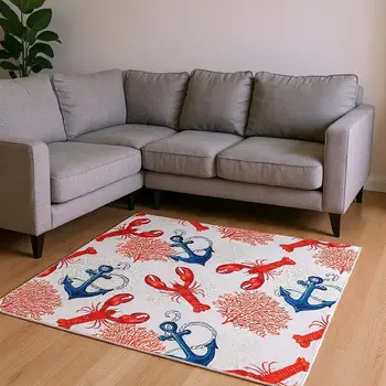 5' X 8' Ivory Red And Blue Nautical Washable Area Rug With UV Protection