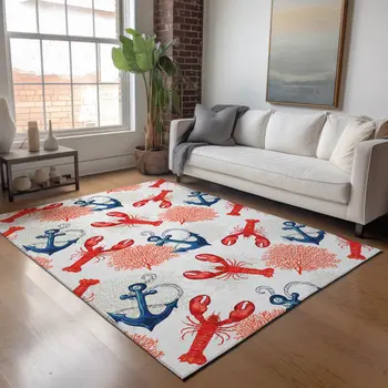 5' X 8' Ivory Red And Blue Nautical Washable Area Rug With UV Protection