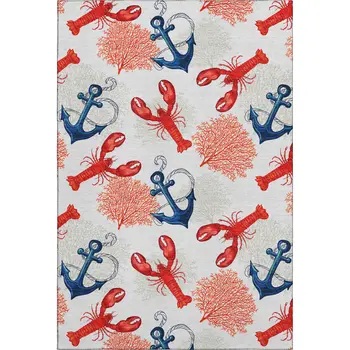 5' X 8' Ivory Red And Blue Nautical Washable Area Rug With UV Protection