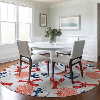 8' Ivory Red And Blue Nautical Washable Round Rug With UV Protection