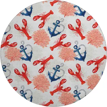 8' Ivory Red And Blue Nautical Washable Round Rug With UV Protection