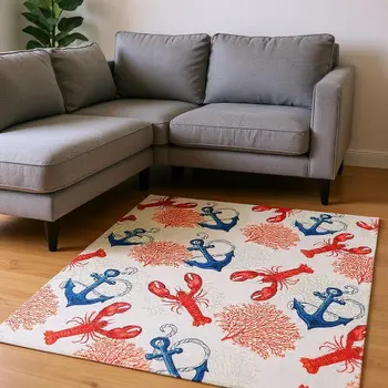 8' X 10' Ivory Red And Blue Nautical Washable Area Rug With UV Protection