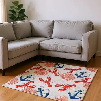 9' X 12' Ivory Red And Blue Nautical Washable Area Rug With UV Protection