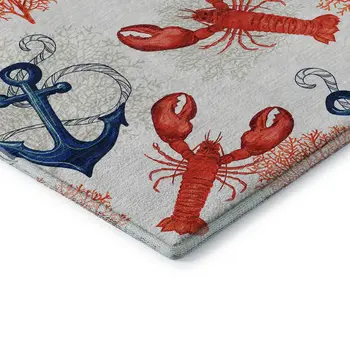 9' X 12' Ivory Red And Blue Nautical Washable Area Rug With UV Protection