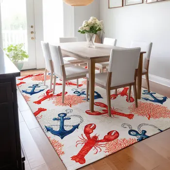 9' X 12' Ivory Red And Blue Nautical Washable Area Rug With UV Protection