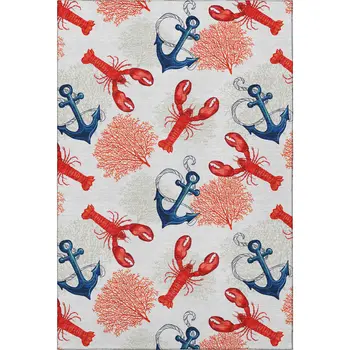 9' X 12' Ivory Red And Blue Nautical Washable Area Rug With UV Protection
