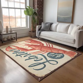 5' X 8' Beige Salmon And Brown Nautical Washable Area Rug With UV Protection