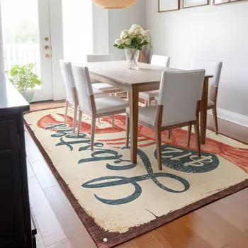 5' X 8' Beige Salmon And Brown Nautical Washable Area Rug With UV Protection