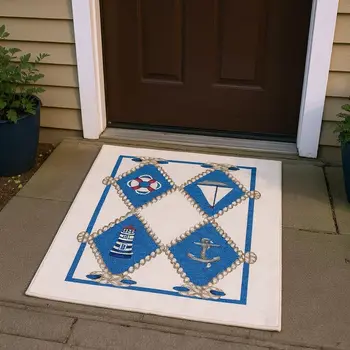 3' X 5' Ivory Blue And Red Nautical Washable Area Rug With UV Protection