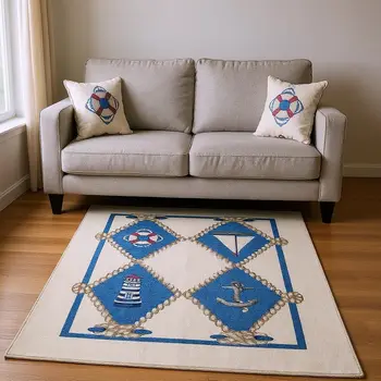5' X 8' Ivory Blue And Red Nautical Washable Area Rug With UV Protection