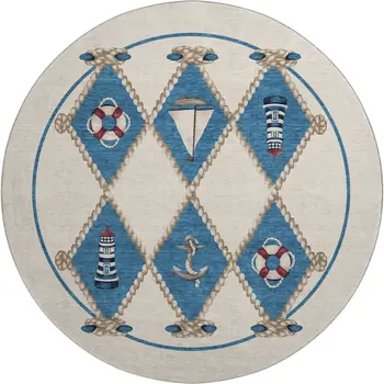 8' Ivory Blue And Red Nautical Washable Round Rug With UV Protection