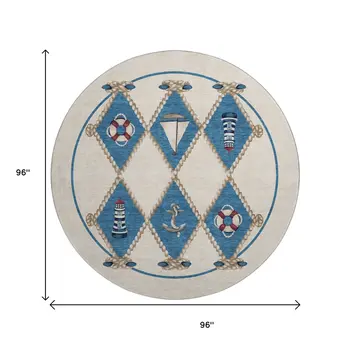 8' Ivory Blue And Red Nautical Washable Round Rug With UV Protection