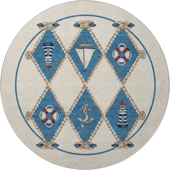 8' Ivory Blue And Red Nautical Washable Round Rug With UV Protection