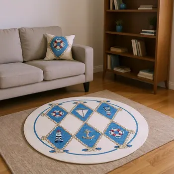 8' Ivory Blue And Red Nautical Washable Round Rug With UV Protection