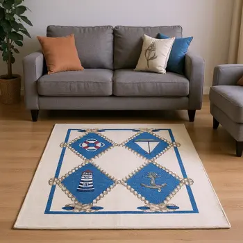 8' X 10' Ivory Blue And Red Nautical Washable Area Rug With UV Protection