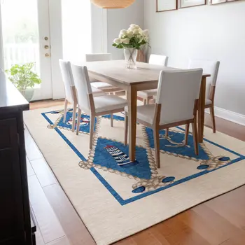 8' X 10' Ivory Blue And Red Nautical Washable Area Rug With UV Protection