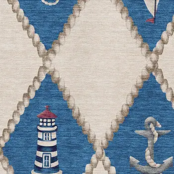 8' X 10' Ivory Blue And Red Nautical Washable Area Rug With UV Protection