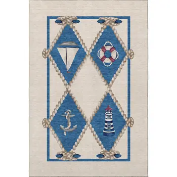 8' X 10' Ivory Blue And Red Nautical Washable Area Rug With UV Protection