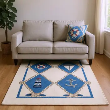 9' X 12' Ivory Blue And Red Nautical Washable Area Rug With UV Protection