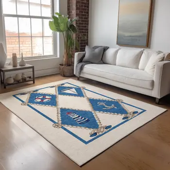 9' X 12' Ivory Blue And Red Nautical Washable Area Rug With UV Protection