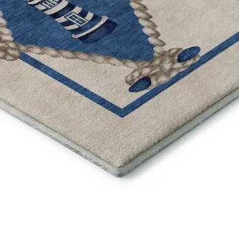 9' X 12' Ivory Blue And Red Nautical Washable Area Rug With UV Protection