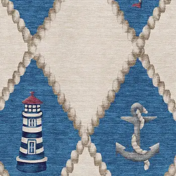 9' X 12' Ivory Blue And Red Nautical Washable Area Rug With UV Protection
