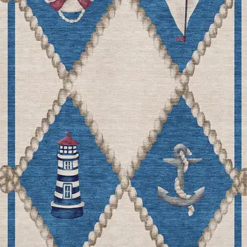 9' X 12' Ivory Blue And Red Nautical Washable Area Rug With UV Protection