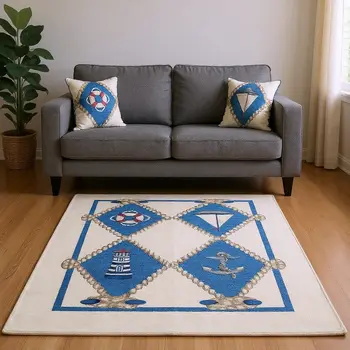 10' X 14' Ivory Blue And Red Nautical Washable Area Rug With UV Protection