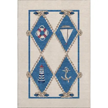 10' X 14' Ivory Blue And Red Nautical Washable Area Rug With UV Protection