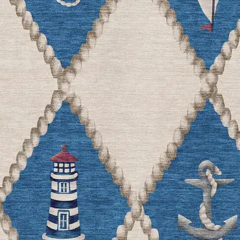 10' X 14' Ivory Blue And Red Nautical Washable Area Rug With UV Protection