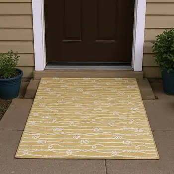 3' X 5' Gold And Ivory Nautical Washable Area Rug With UV Protection