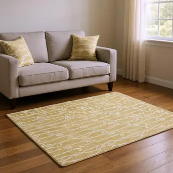 5' X 8' Gold And Ivory Nautical Washable Area Rug With UV Protection