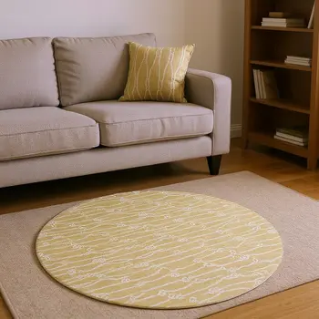 8' Gold And Ivory Nautical Washable Round Rug With UV Protection