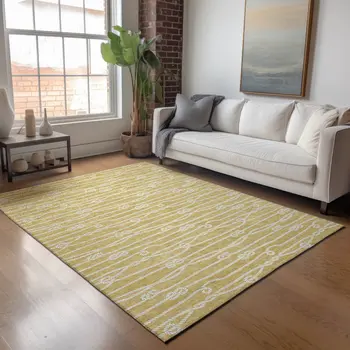 8' X 10' Gold And Ivory Nautical Washable Area Rug With UV Protection