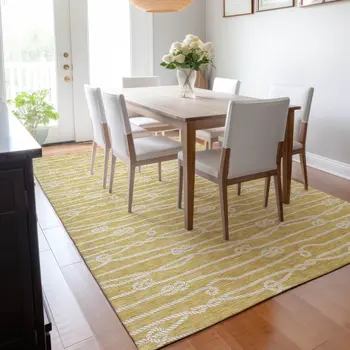 8' X 10' Gold And Ivory Nautical Washable Area Rug With UV Protection