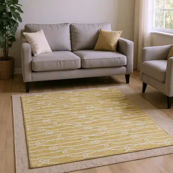 9' X 12' Gold And Ivory Nautical Washable Area Rug With UV Protection