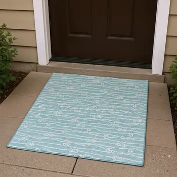 3' X 5' Teal Blue And Ivory Nautical Washable Area Rug With UV Protection