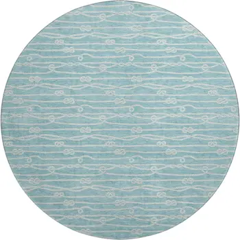 8' Teal Blue And Ivory Nautical Washable Round Rug With UV Protection
