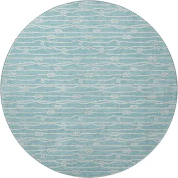 8' Teal Blue And Ivory Nautical Washable Round Rug With UV Protection