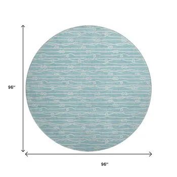 8' Teal Blue And Ivory Nautical Washable Round Rug With UV Protection