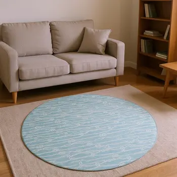 8' Teal Blue And Ivory Nautical Washable Round Rug With UV Protection