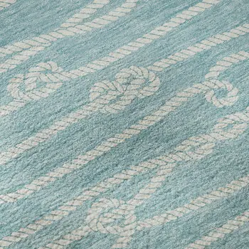 8' X 10' Teal Blue And Ivory Nautical Washable Area Rug With UV Protection