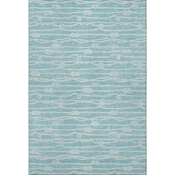 8' X 10' Teal Blue And Ivory Nautical Washable Area Rug With UV Protection
