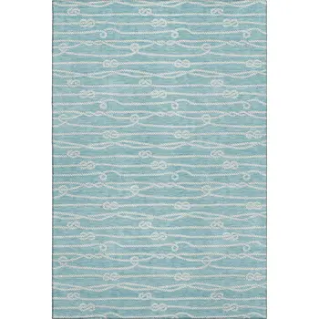 9' X 12' Teal Blue And Ivory Nautical Washable Area Rug With UV Protection