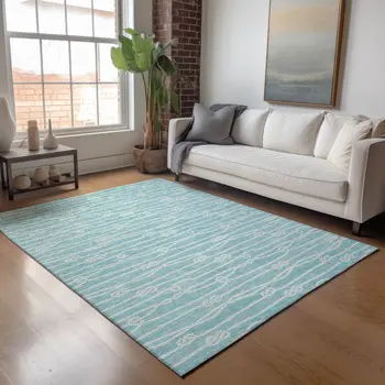 10' X 14' Teal Blue And Ivory Nautical Washable Area Rug With UV Protection