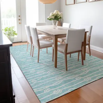 10' X 14' Teal Blue And Ivory Nautical Washable Area Rug With UV Protection