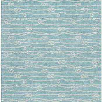 10' X 14' Teal Blue And Ivory Nautical Washable Area Rug With UV Protection